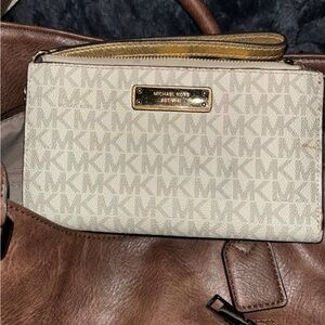 Michael Kors Signature Cream and Brown Wristlet